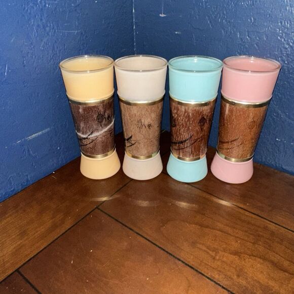Vintage MCM Siesta Ware Tiki Bar Glasses Mahogany Wood Wrapped Set Of 4 - Picture 2 of 11